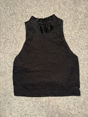 NWOT Black Glitter Sleeveless Asymmetrical Back Cutout Mock Neck Top - Women's